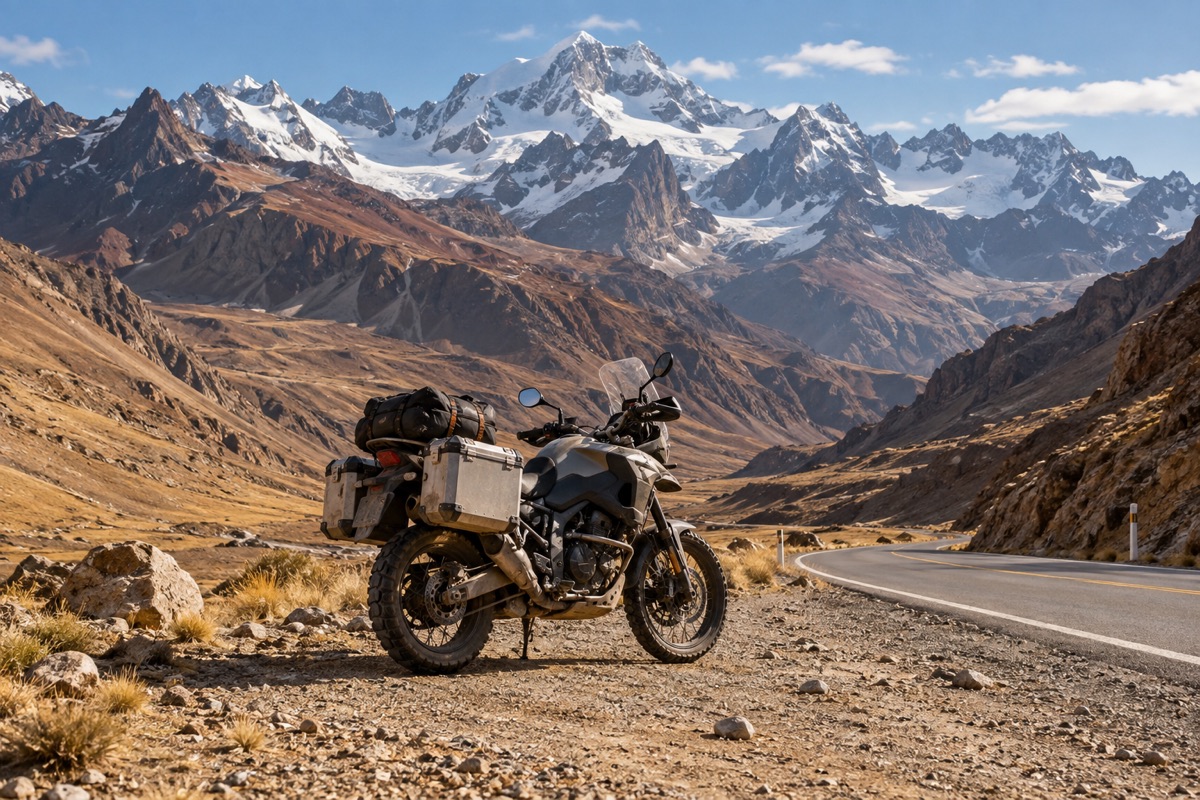 Moto com bagagem em passagem de montanhas nevadas
