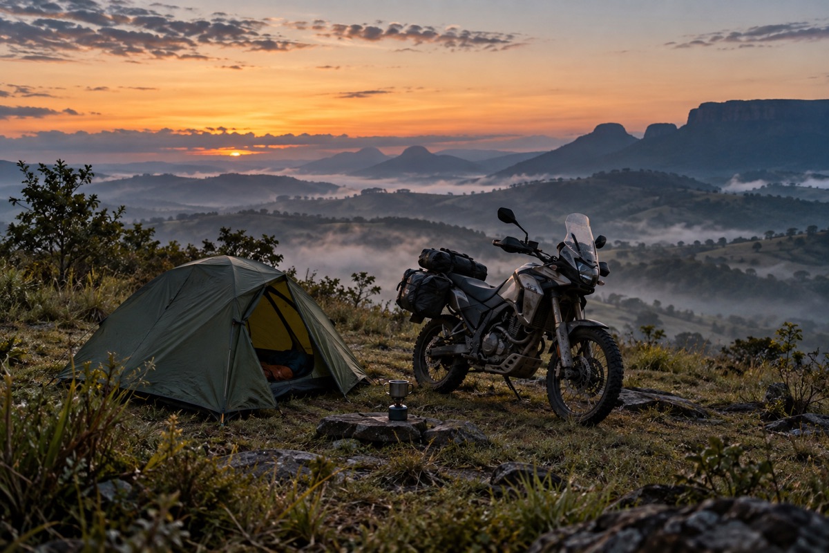 Barraca e moto de viagem em acampamento ao amanhecer