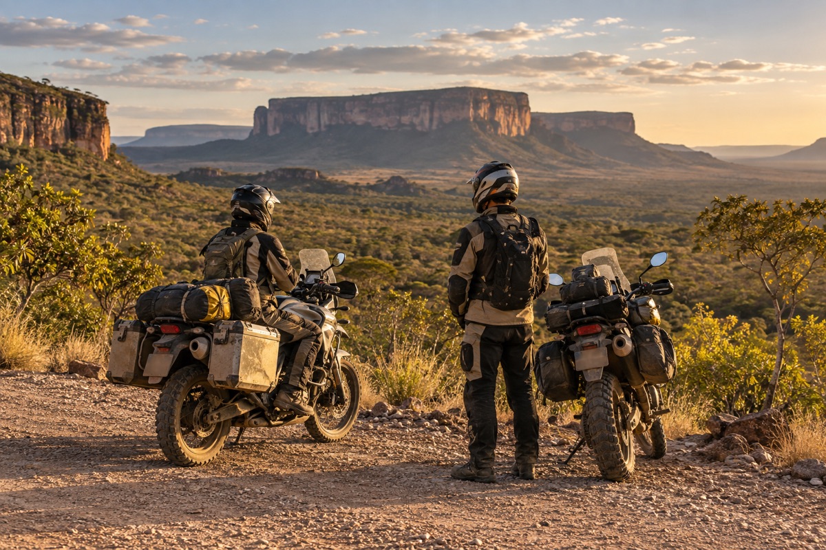 Dois viajantes com motos e bagagem diante de uma chapada