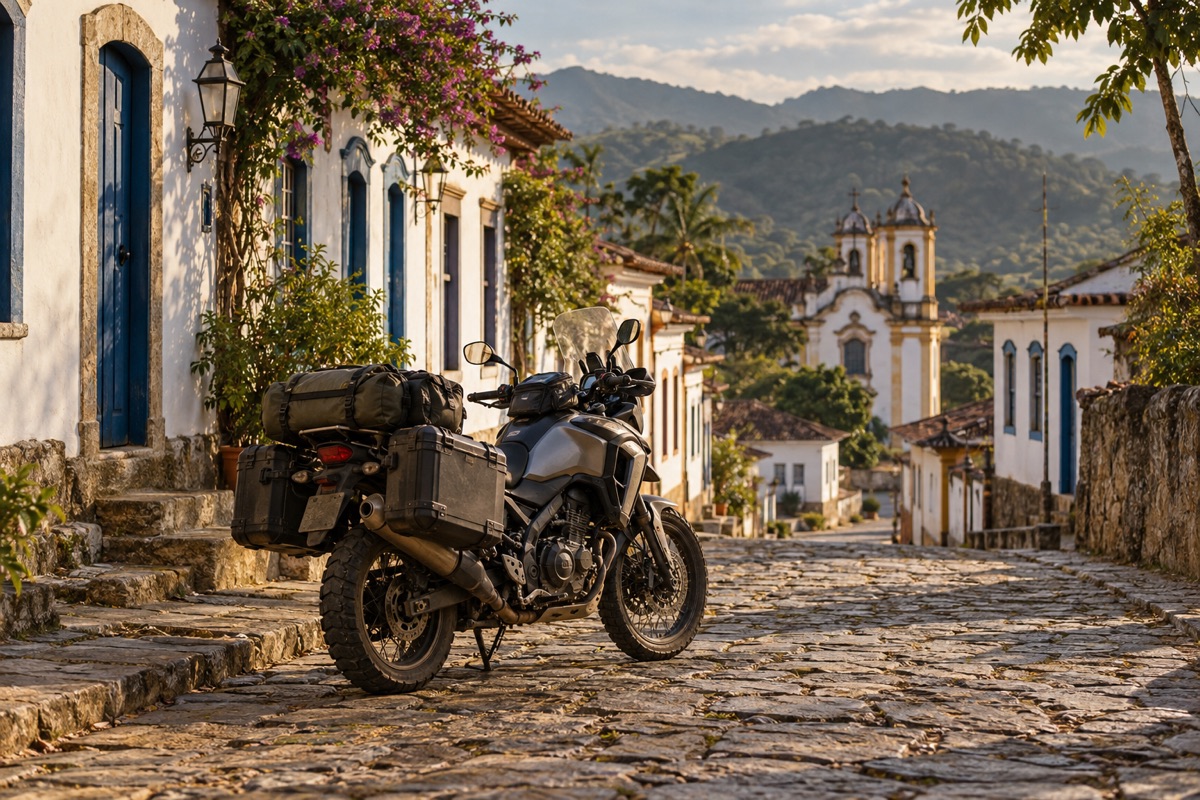 Moto de viagem em rua de pedras de uma cidade histórica
