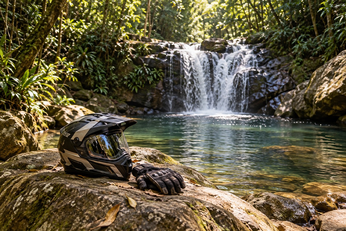 Capacete e luvas diante de uma cachoeira na floresta