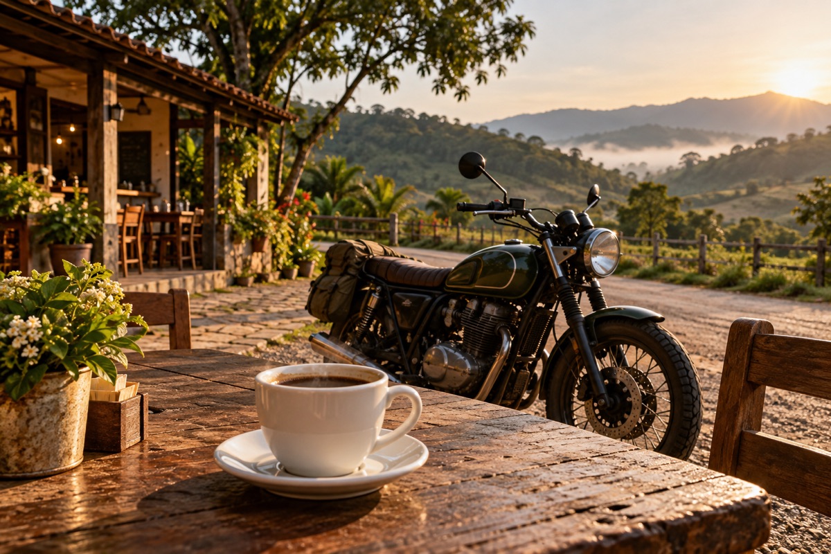 Xícara de café com moto estacionada em um café rural