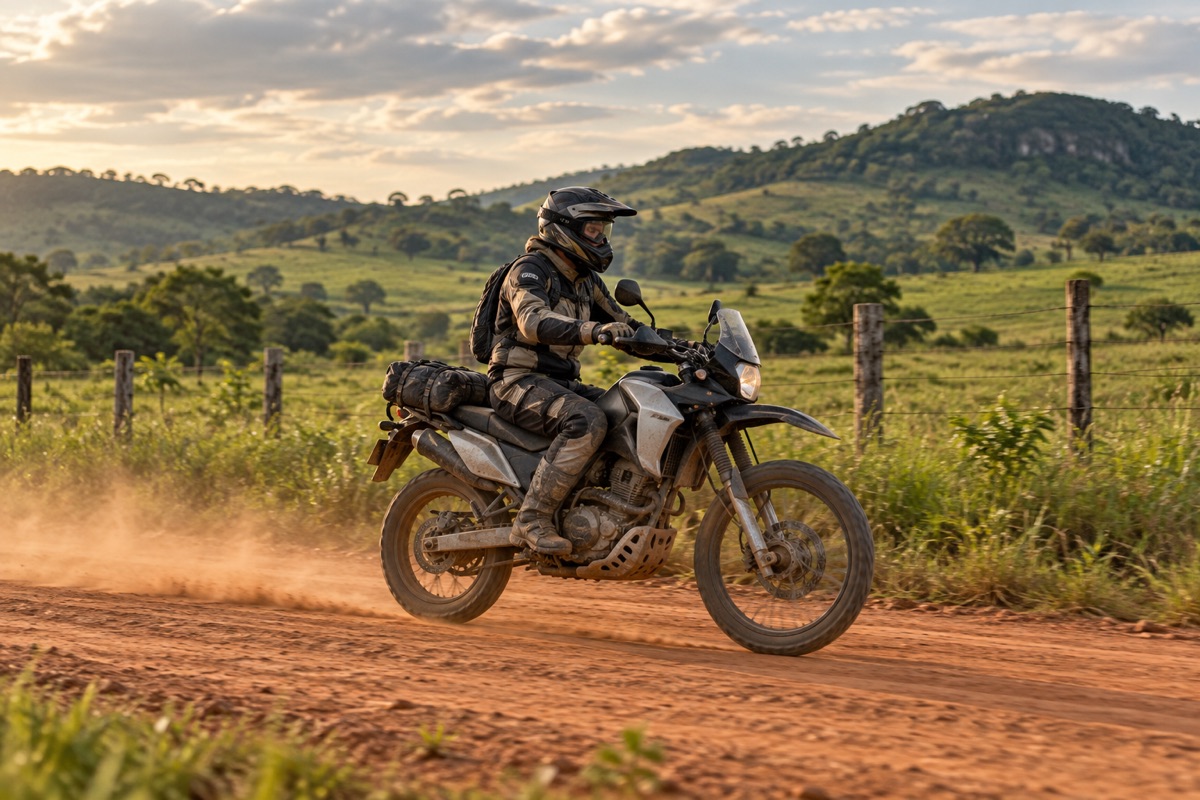 Motociclista em estrada de terra com campos ao fundo